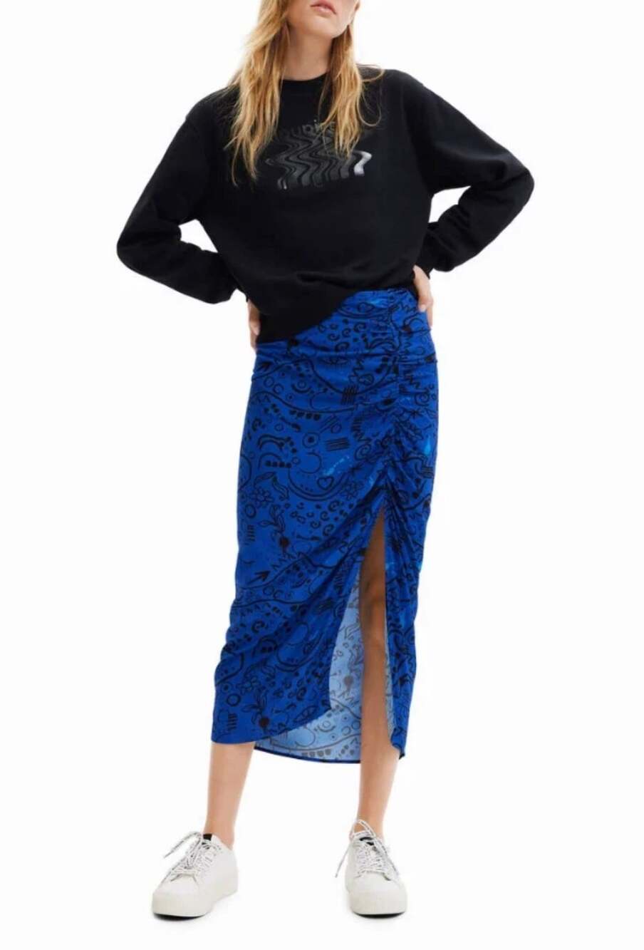 Desigual Women's Blue Side Slit Midi Skirt Size XS